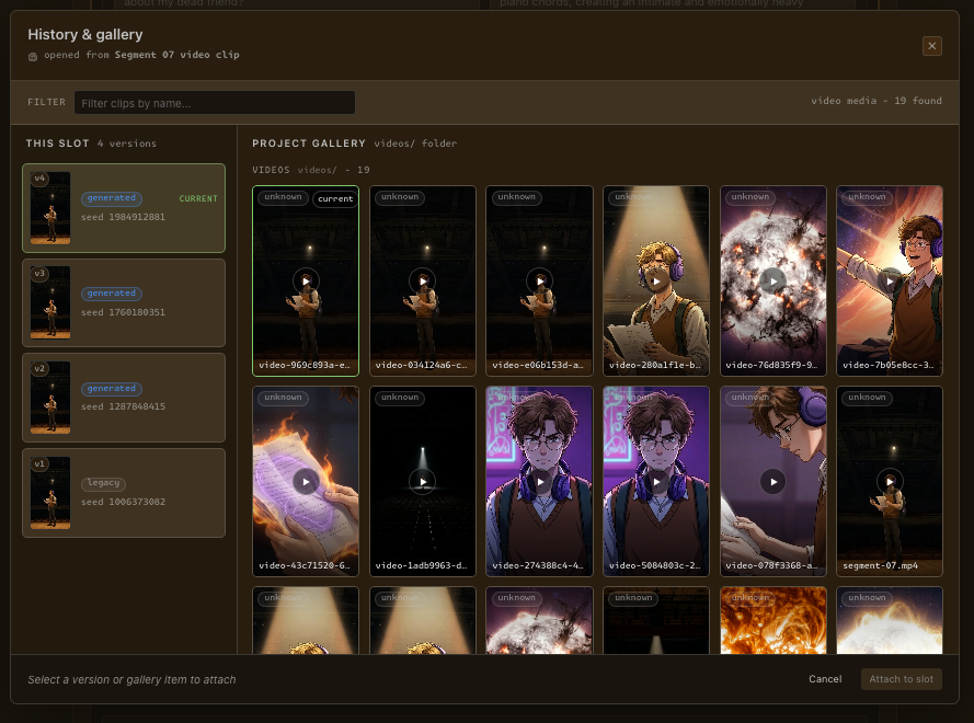 History and gallery modal: four stored versions of one segment's slot on the left with seeds, and the full project video gallery of 19 generated clips on the right.