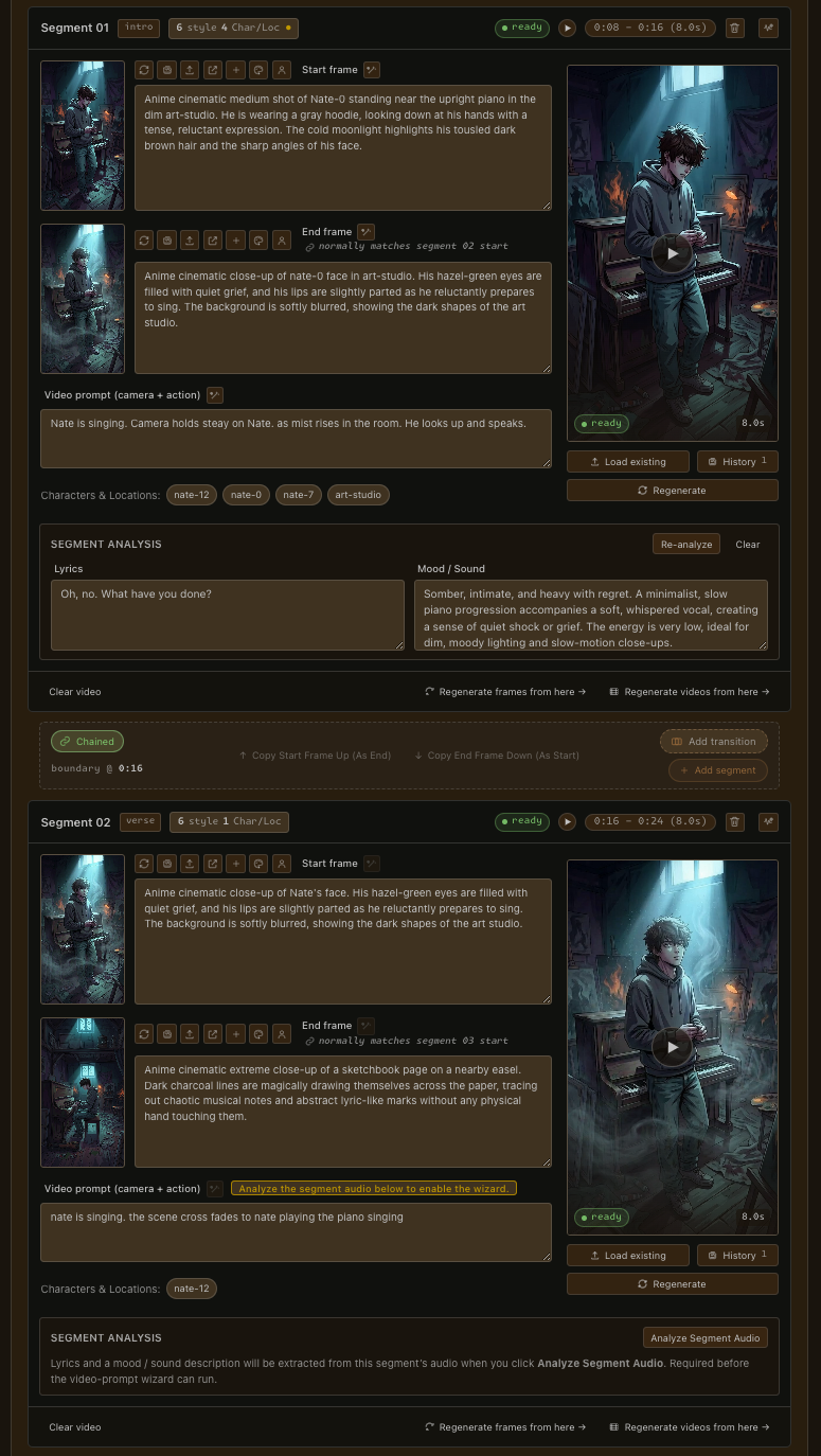 Two consecutive segment cards, each with a start frame, end frame, video prompt and generated clip; an end frame is annotated 'normally matches segment 02 start' to show frame continuity.