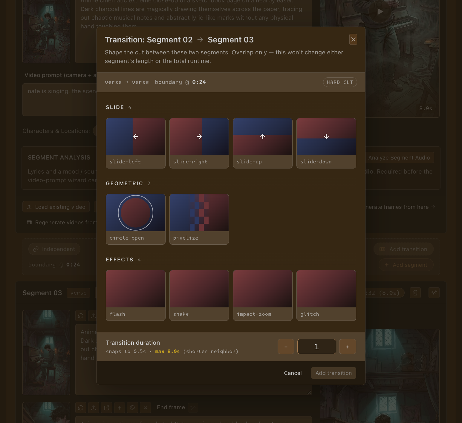 Transition picker modal: Slide, Geometric and Effects families with preview tiles and a transition-duration stepper.